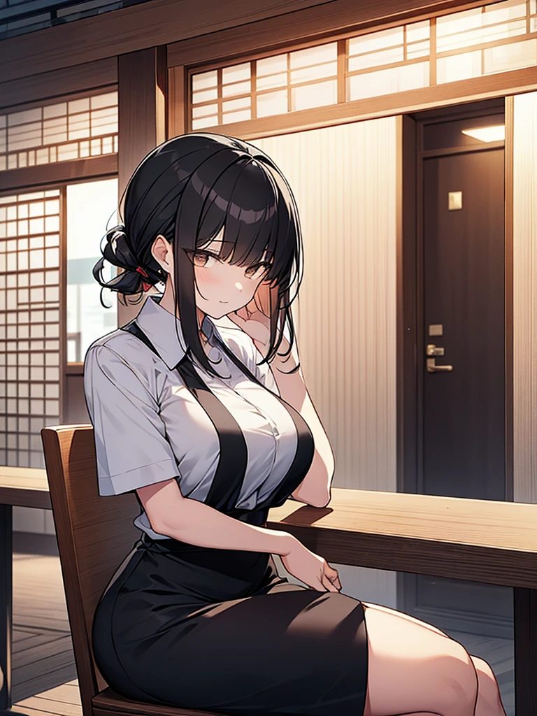 Suspicious tall woman:1.9 Side view composition Izakaya at night Sitting on a chair White collared shirt short sleeves Black skirt Smiling Talking Black short hair Ponytail:1.9 Straight hair Hair tie Sweep bangs to the side:1.9. Slanted eyes, brown eyes, tall, strong-willed, beautiful