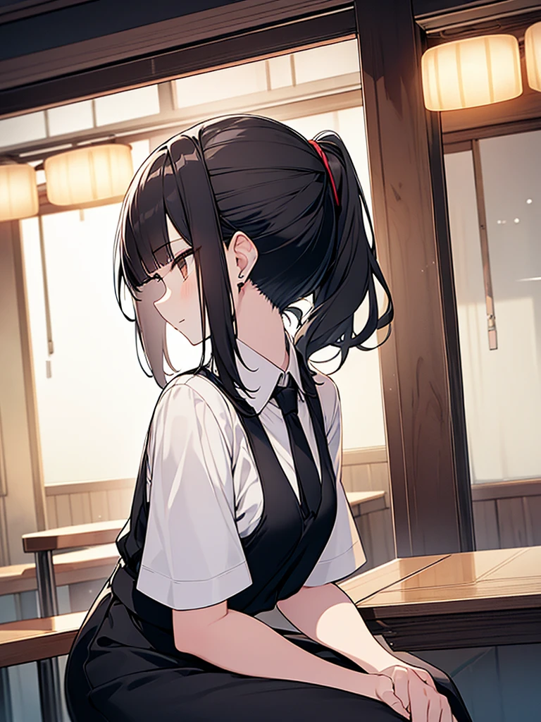 Suspicious tall woman:1.9 Side view composition Izakaya at night Sitting on a chair White collared shirt short sleeves Black skirt Smiling Talking Black short hair Ponytail:1.9 Straight hair Hair tie Sweep bangs to the side:1.9. Slanted eyes, brown eyes, tall, strong-willed, beautiful