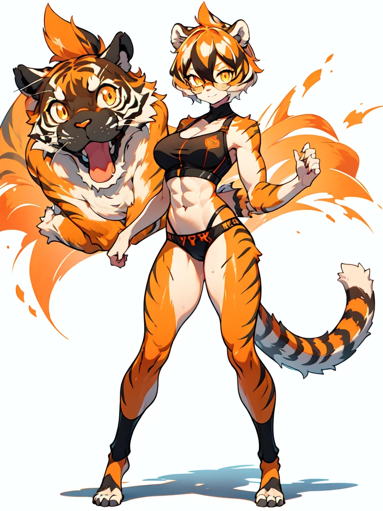 white background, full body, 1girl, solo, Standing:1.5, animal ears, white hair, black hair, short hair, large breasts, Abdominal muscles, tail, orange eyes, orange hair, multicolored hair, tiger girl, hair between eyes, tiger_ears, tiger_tail, orange-tinted_eyewear, tinted_eyewear, big breasts, evil smile, Shadows under feet, sey ass,only underwear,(((sexy miniunderwear outfit:1.2)))