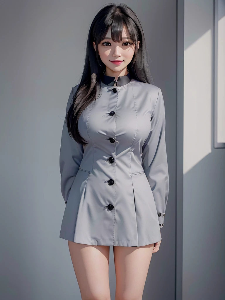 Highest quality、masterpiece、8k、Very detailed、Realistic、(One girl)、(Looking at me with a smile:1.5)、whole body、(Black Hair)、Small face、(Slender:1.2)、(Big Breasts:1.2)、(White business shirt with buttons and a collar:1.2)、(short tight skirt in gray,:1.2)、(Grey business jacket:1.2)