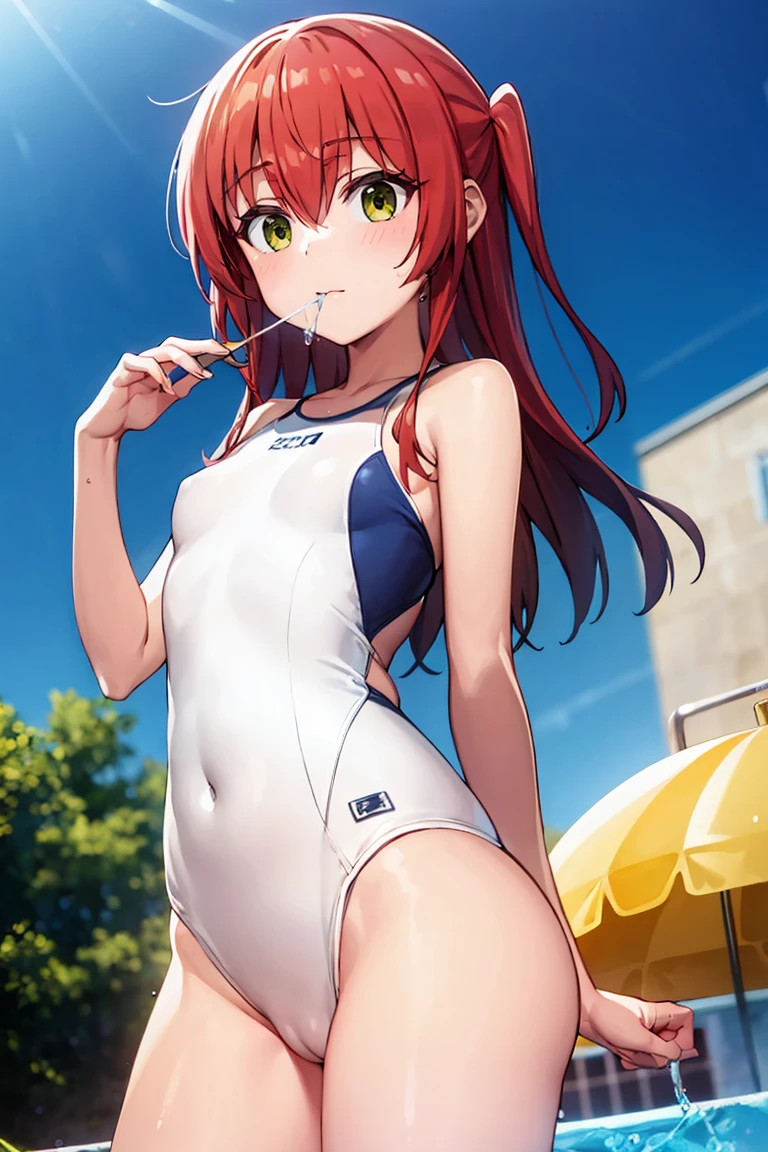 room, 1 Girl, Highest quality, Ultra-high resolution, Long Hair, Redhead, Green Eyes,Looking at the audience, Small breasts , Shy face、Watery eye, Open your mouth、Cowboy Shot、shiny swimsuit、white swimsuit, Pool, camel toe