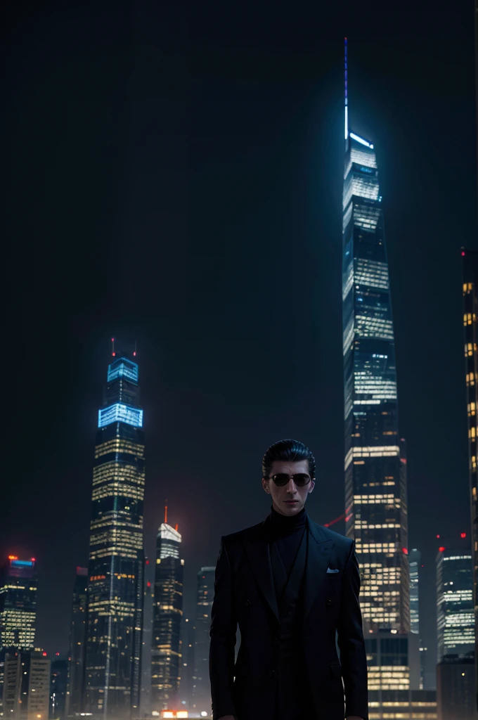 nighttime city: Illuminated skyscrapers in the background.female protagonist: At the center, dressed in dark spy clothes.two mens: One left in the shadows (Alex Turner) and another on the right elegantly dressed (Gabriel Costa).Antagonist Figure: Indistinct silhouette observing from a skyscraper in the background (Victor Kruger).Technological Elements: Holograms and binary codes in the environment.