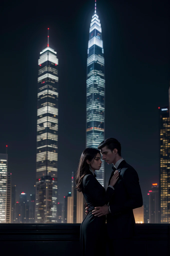 nighttime city: Illuminated skyscrapers in the background.female protagonist: At the center, dressed in dark spy clothes.two mens: One left in the shadows (Alex Turner) and another on the right elegantly dressed (Gabriel Costa).Antagonist Figure: Indistinct silhouette observing from a skyscraper in the background (Victor Kruger).Technological Elements: Holograms and binary codes in the environment.
