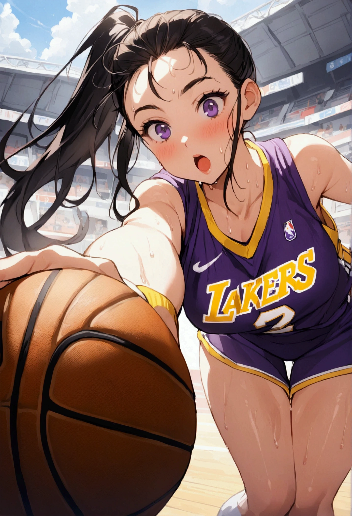 One woman、beautiful girl、high school girl、basketball、Basketball uniform、Lakers uniform、Wristband、Side Ponytail、Long Hair、Basketball Stadium、Take a jump shot、The stands are packed、Highest quality, Thick thighs、Big Ass、Black Hair、Sweaty body、Number 14、Take the shot、Her uniform flips up and her bra is visible、Black bra、The opposing team is on defense、Leaning forward、dribble、Blocked