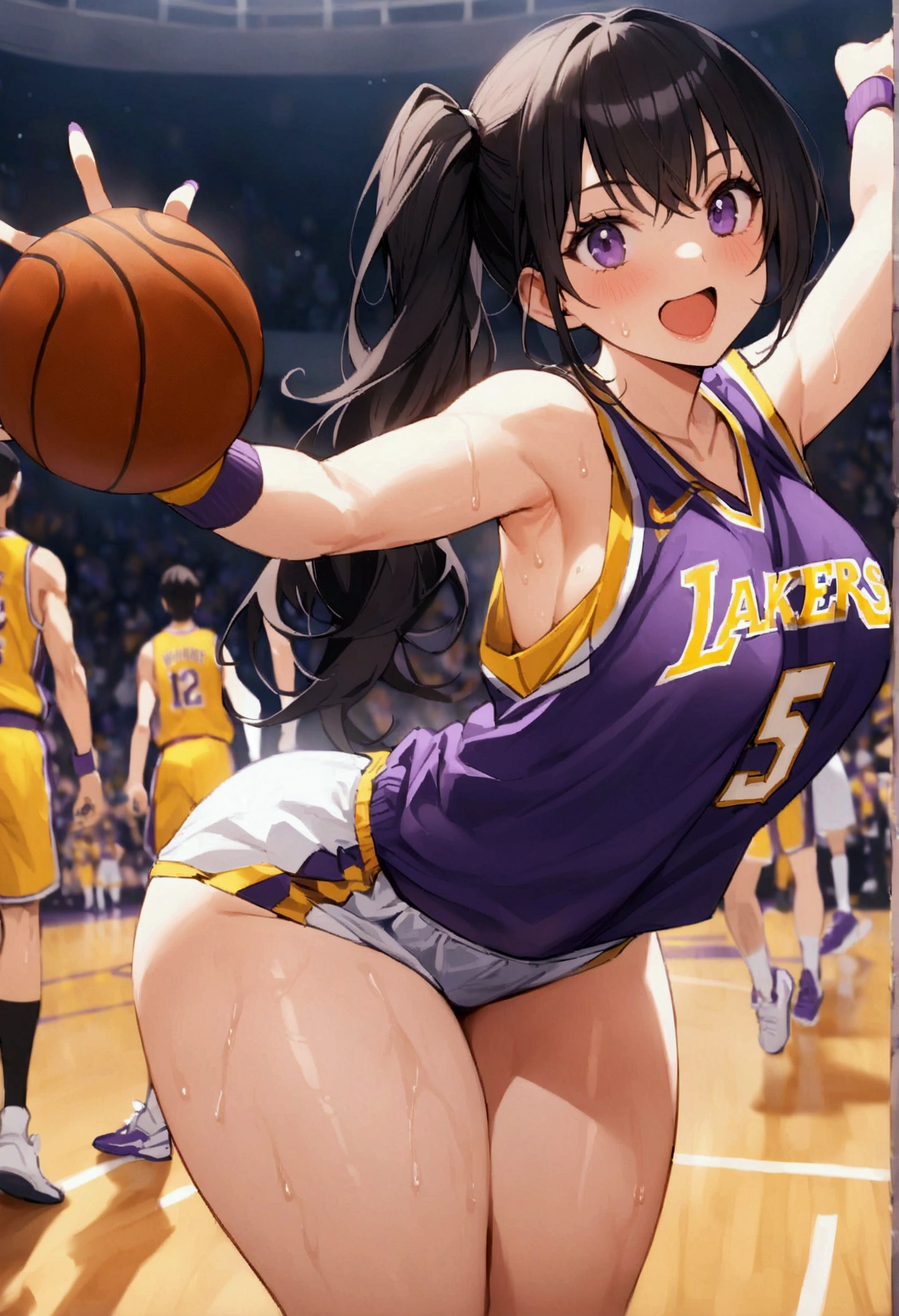 One woman、beautiful girl、high school girl、basketball、Basketball uniform、Lakers uniform、Wristband、Side Ponytail、Long Hair、Basketball Stadium、Take a jump shot、The stands are packed、Highest quality, Thick thighs、Big Ass、Black Hair、Sweaty body、Number 14、Take the shot、Her uniform flips up and her bra is visible、Black bra、The opposing team is on defense、Leaning forward、dribble、Blocked