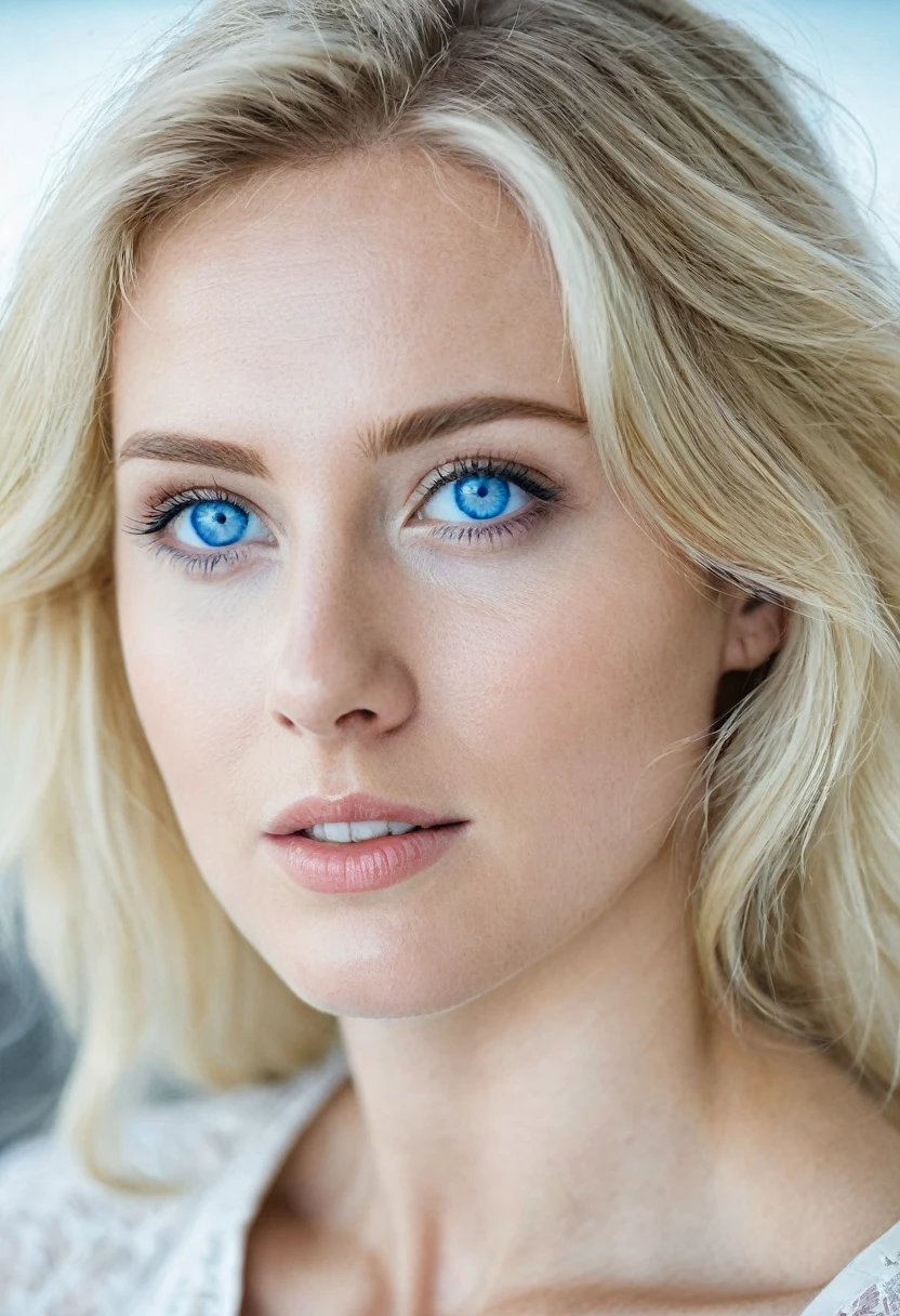 A blonde woman with blue eyes, white