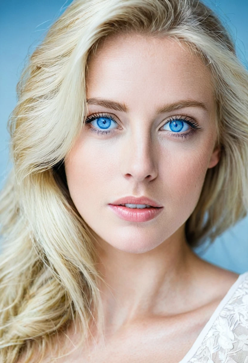 A blonde woman with blue eyes, white
