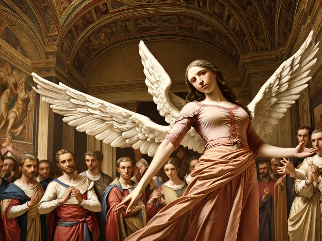 (Masterpiece:1.2), (Best Quality,:1.2), 8k, HDR, ultra detailed, ((photorealistic)), professional light, cinematic lighting, fashion photography, Ambient lighting, facial lighting, fantasy image, General detail, old renaissance painting of an angel with wings and arms outstretched