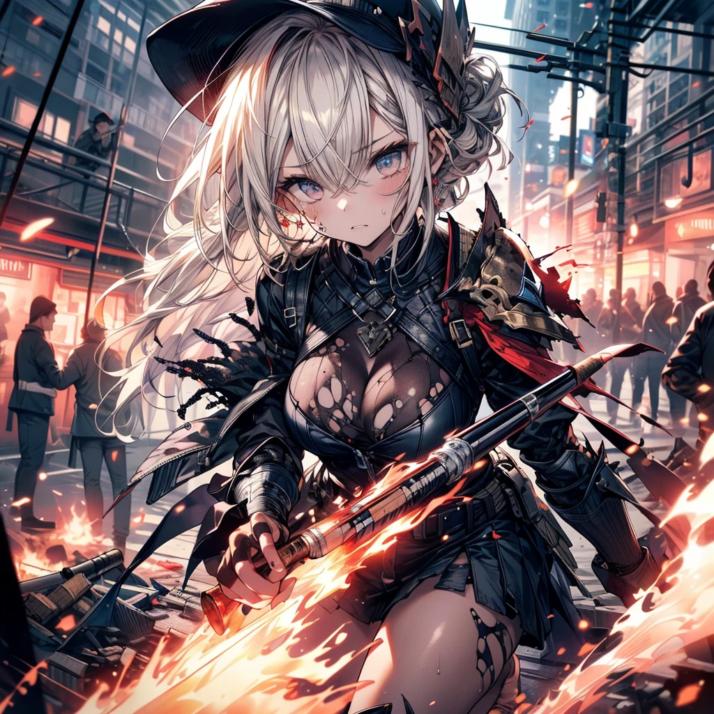 (masterpiece:1.5), (Highest quality), (Very detailed), (Very detailed), (One girl:1.2), (whole body:1.2), (Young girl), (Blonde), (Weapons in hand), (War battle scene), (Bloody atmosphere), (cigarette), (fire), (cadaver), (Chaotic Background), (explosion), (Torn clothing), (nsfw), (A look of determination), (Sweat and dirt), (I was injured), (Dynamic pose), (Broken Armor), (Burnt landscape), (Combat Stance), (Smoldering Wreckage), (inflammation:1.3), (Battle cry), (Sounds of War:1.1)