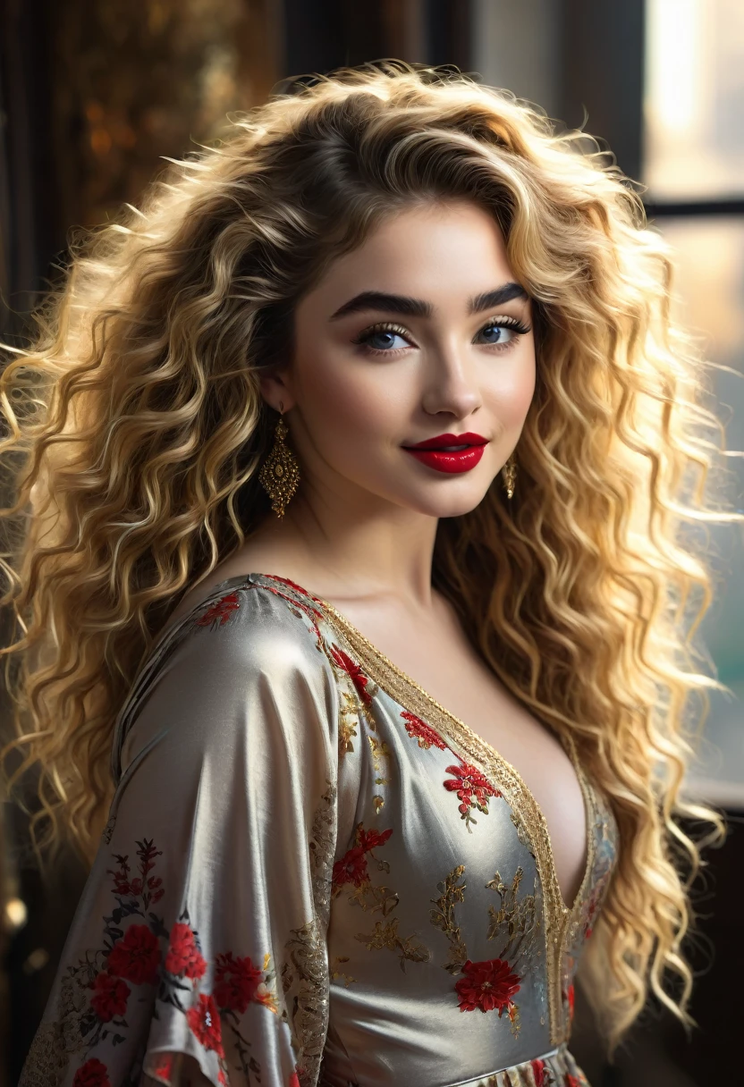 A Beautful Jewish Women With A Thick Bushy Unibrow And A Attractive Nose. Thick, Intense, Curly, Frizzy, Messy Long Golden Hair. Boho Dress. Curvy Hourglass Figure. Ultra HD,, Epic Lighting, Striking Silhouette. Sabrina Carpenter. Attractive Pose. Aluring Smile. Red Lips. The Official Art – An Award-Winning Digital Masterpiece In 4K Ultra HD, Extreme Detail And Intricate Realism. This Concept Art Brought To Life By The Hands Of Artists Like Wlop & Artgerm In A Stunning 2D Vector Illustration.
