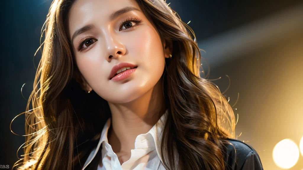 details （best quality, high resolution, overall artwork: 1.3, tall and beautiful woman, front view, long dark brown hair with loose waves, big breasts, white collared shirt V shape, dark alley, beautiful facial texture and skin, seductive eyes, seductive eyes, double eyelids. DJ, stage, lighting, vibrant color scheme