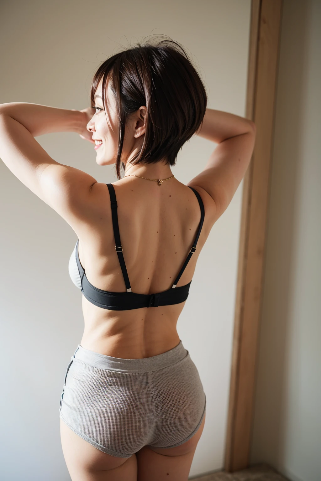 Top quality, 1 beautiful woman, super short Hair, wearing tanktop, shy-smile, Arms Up, backpose