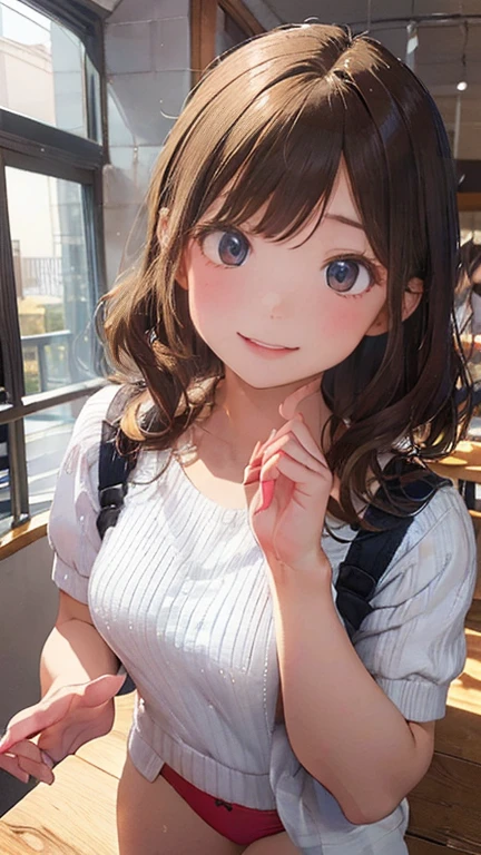 (A very cute 20 year old young woman from Japan.), ((Fine hair that is somewhere between brown and blonde)), ((Short hair with messy side waves)),Medium bust size、Small Tits、Flashy makeup using red eyeshadow, Precision by hand,(((Clean your hands))),(Curly Hair),(((A very kind smile))), (((she wears dark blue panties))),(((She is wearing a white knitted dress))) ((Highest quality, 16K, Tabletop: 1.3)), Light on the face, Ultra detailed face, Highly detailed lips, Detailed eyes, City Street,Cleanse your thighs,Great Skin,