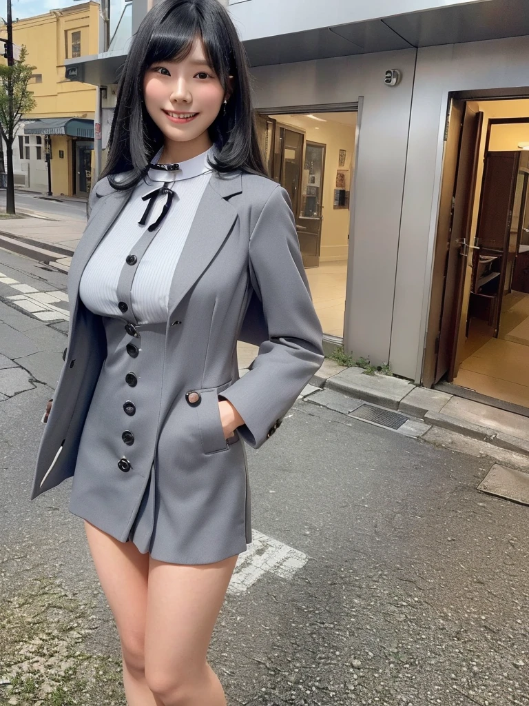 Highest quality、masterpiece、8k、Very detailed、Realistic、(One girl)、(Looking at me with a smile:1.5)、whole body、(Black Hair)、Small face、(Slender:1.2)、(Big Breasts:1.2)、(Gray business jacket with buttons and a collar:1.2)、(short tight skirt in gray,:1.2)、