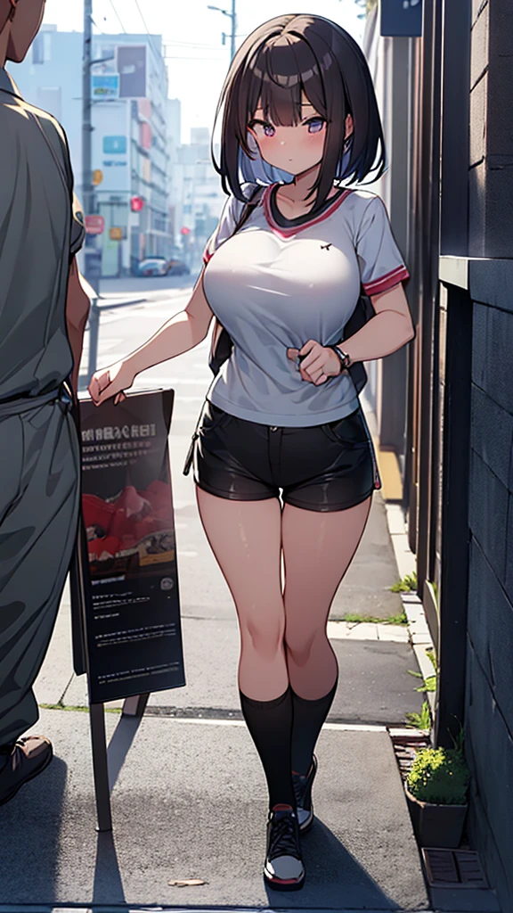 Full body image, front, One girl, 18-year-old, Mix 4, (32K, RAW Photos, Highest quality, masterpiece:1.2), (Anime-like, photoAnime-like:1.37), cute, Short sleeve T-shirt,Shorts,Black knee socks, night, rain, Humidity, Professional Lighting, Photon Mapping, Radio City, Physically Based Rendering, Super Resolution, (Big Breasts:1.2), {{The biological weapon that had preyed on the younger sister took her place and reunited with the older brother, The rebellious little sister has become the obedient little sister}}, Girl Skull, whole body, NSFW