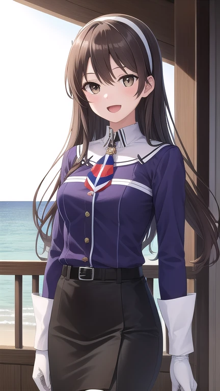 ((masterpiece)),(best quality),official art,extremely detailed CG,unity 8k wallpaper,ultra detailed,A lighthouse on a cliff by the sea,1girl,solo,cowboy shot,long_hair,brown_hair,purple_jacket,pencil_skirt,black_skirt,white_pantyhose,white_gloves,wavy_hair,brown_eyes,white_hairband,long_sleeves,smile,belt,looking_at_viewer,military_uniform,open_mouth,