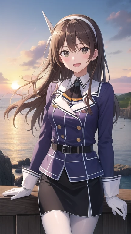 ((masterpiece)),(best quality),official art,extremely detailed CG,unity 8k wallpaper,ultra detailed,A lighthouse on a cliff by the sea,1girl,solo,cowboy shot,long_hair,brown_hair,purple_jacket,pencil_skirt,black_skirt,white_pantyhose,white_gloves,wavy_hair,brown_eyes,white_hairband,long_sleeves,smile,belt,looking_at_viewer,military_uniform,open_mouth,