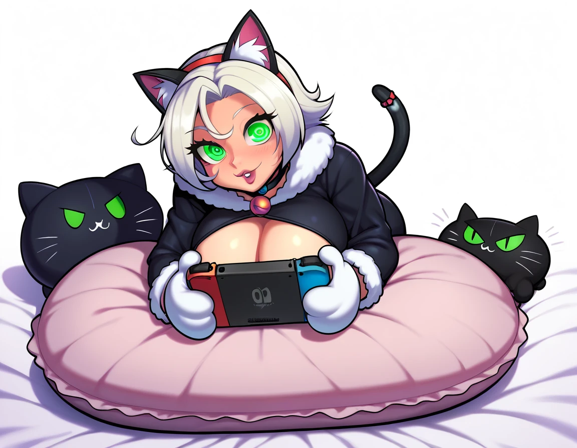 punctuation_9, punctuation_8_High above, punctuation_7_High above, punctuation_6_High above, punctuation_5_High above, punctuation_4_High above, 1girl, Nerd,Bblack hair, shorth hair, a cartoon image of a woman(dressed as a black cat)with a big chest, sitting on the cushion (blue in color), white scenario, with Nintendo switch in hand, fluffy chest, in pajamas(dressed as a black cat), anime cel shaded, Covered breasts and SFW, wearing pajamas(sitting on the cushion (blue in color), with a Nintendo Switch in hand), Kantai Collection Style, anime moe art style, white_mitts, seductive anime girl((dressed as a black cat)), brincando with a Nintendo Switch in hand, playing on it(spiral eye)White background,Sitting on a cushion(large pillow is a black stuffed cat).