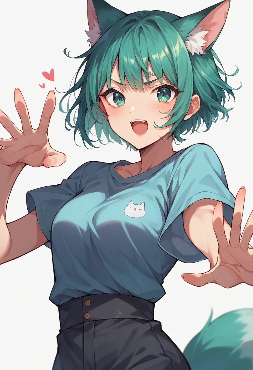 a closeup of a cartoon character with fox ears, fox girl, mikudayo, anime moe art style, Cat Mimi, short hair, anime girl with teal hair, dominant pose