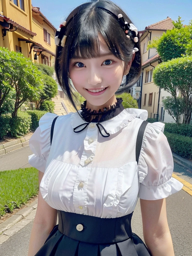 Highest quality、masterpiece、8k、Very detailed、Realistic、(One girl)、(Looking at me with a smile:1.5)、whole body、(Black Hair)、Small face、(Slender:1.2)、(Big Breasts:1.2)、(White frilly shirt with buttons and collar:1.2)、(Black short ruffled skirt:1.2)