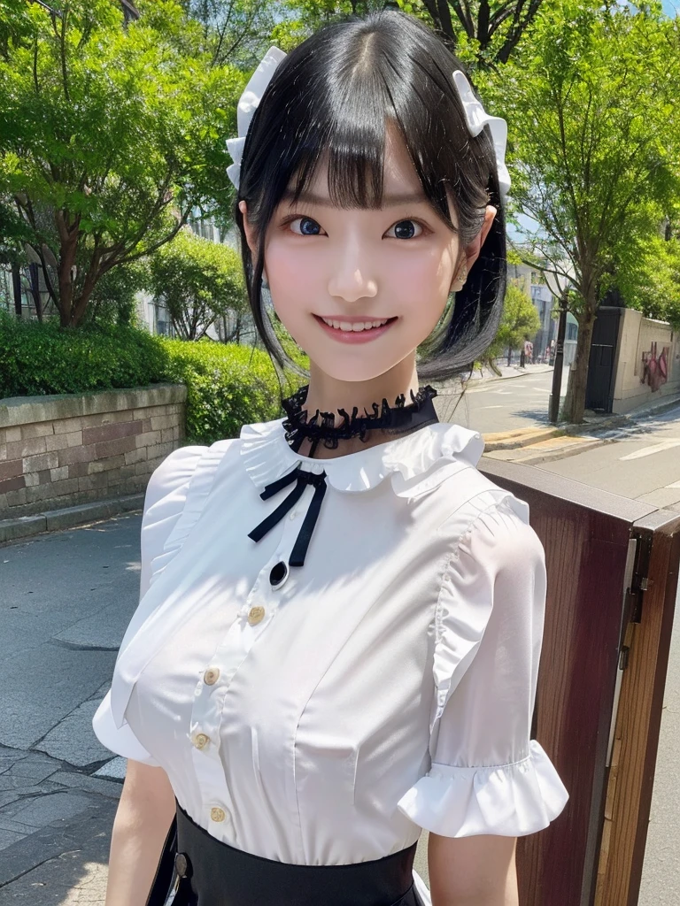 Highest quality、masterpiece、8k、Very detailed、Realistic、(One girl)、(Looking at me with a smile:1.5)、whole body、(Black Hair)、Small face、(Slender:1.2)、(Big Breasts:1.2)、(White frilly shirt with buttons and collar:1.2)、(Black short ruffled skirt:1.2)