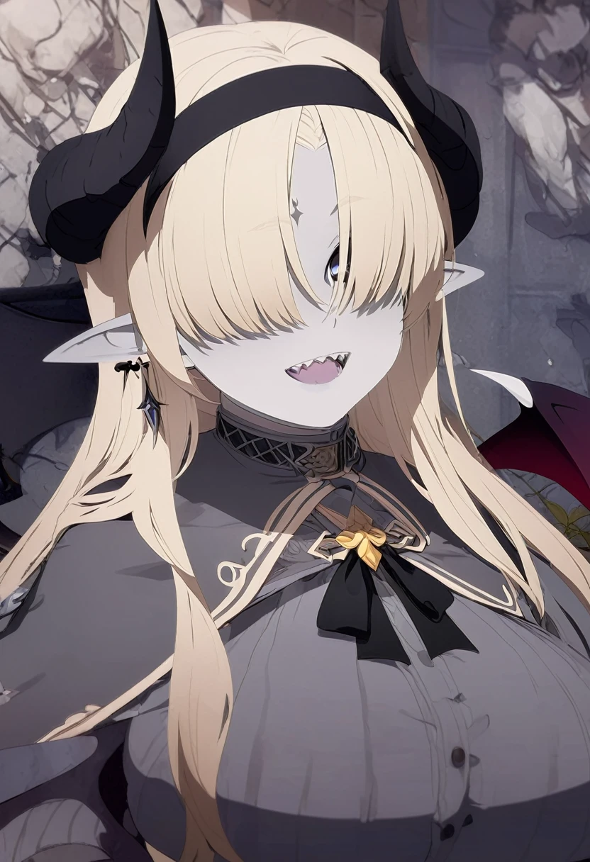 Homen, a man, Rosto detalhado, grandes olhos, sharp teeth, hair over eyes, hairband, demon horns, demon wings, long hair, pointy ears, elf, earrings, capelet,long sleeves, parted bangs, flower, striped, very chubby, 8k, hd, hdr, grey/gray skin, grey sclera, long blonde hair, white iris, demon horns, makeup