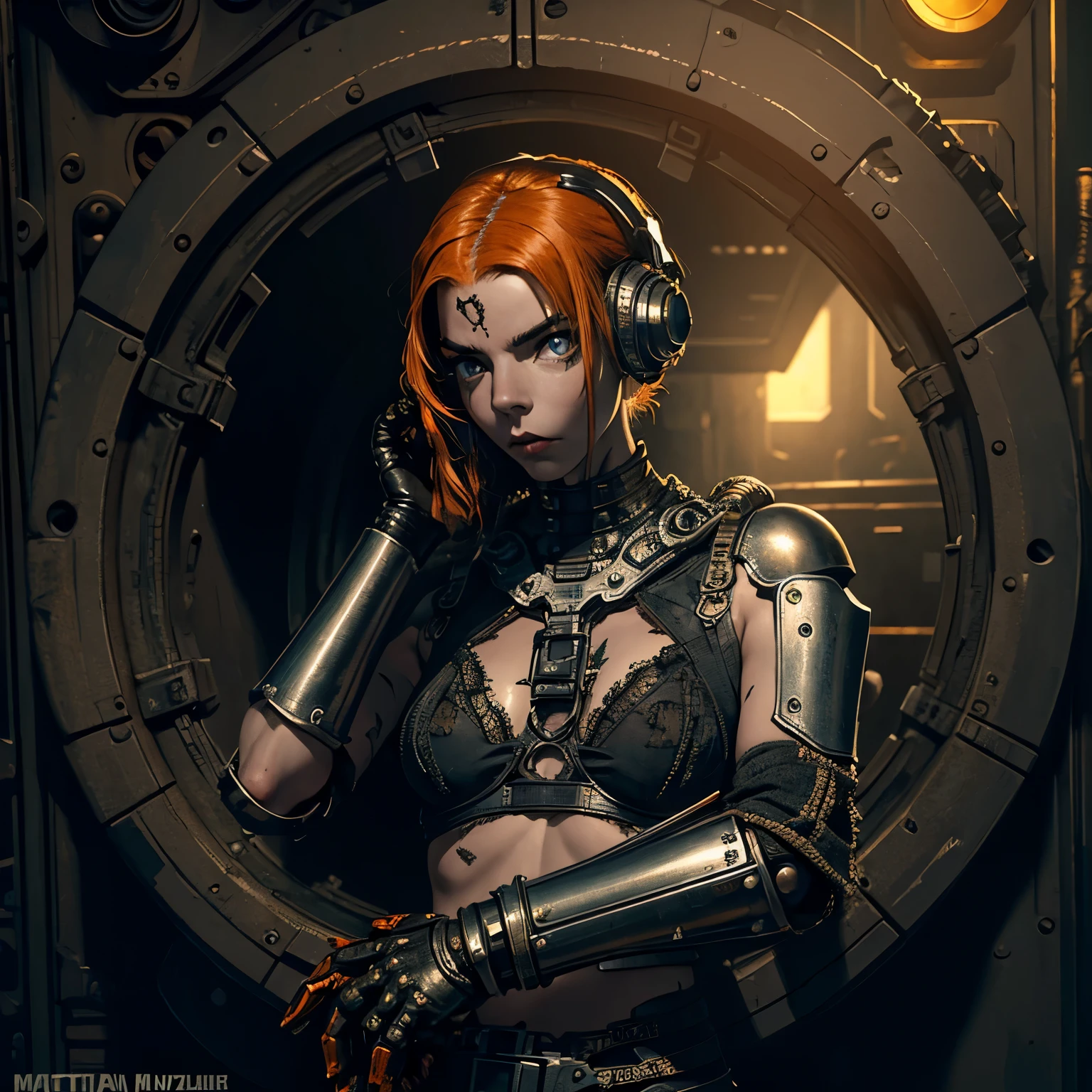 (((mulher))), (((melhor qualidade))), (((obra prima))), (((adulto))), A highly detailed and realistic skull girl,( Anya. Taylor Joy) cyberpunk character, mad max furiosa, one hand robot, cyborg arm, orange hair, dramatic metal heavy rock theme, best quality, 8k, hyperrealistic, photorealistic, extreme detailed painting, studio lighting, vivid colors, dark moody atmosphere, cinematic, dramatic pose, intricate mechanical details, glowing energy effects, intense gritty textures, seamless integration of organic and inorganic elements. Wearing the used clothes of a wastelander. Background: An apocalyptic wasteland. Dusty and depressing.