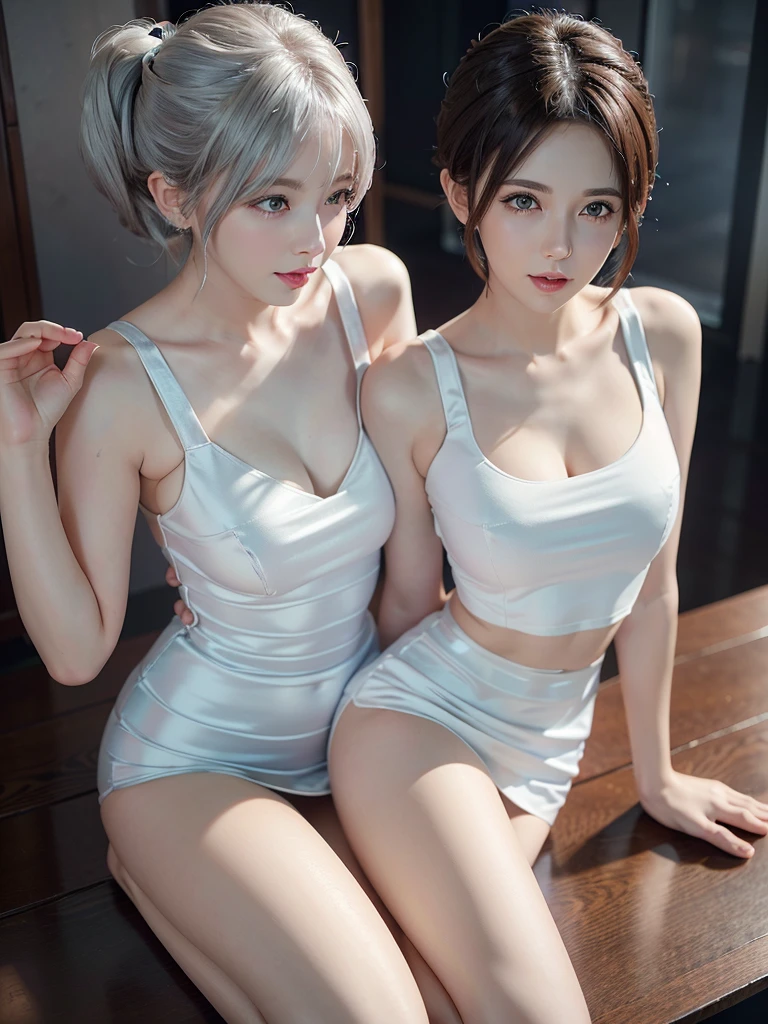 Close-up of a woman in a white vest and skirt, pale milky white porcelain skin, Smooth translucent white skin, silver hair, bob hair, seductive anime girls, beautiful and seductive anime woman, ultrarealistic sweet bunny girl, pale porcelain white skin, Smooth and realistic perfect body, Anime girl cosplay, realistic shadow perfect body, guweiz masterpiece