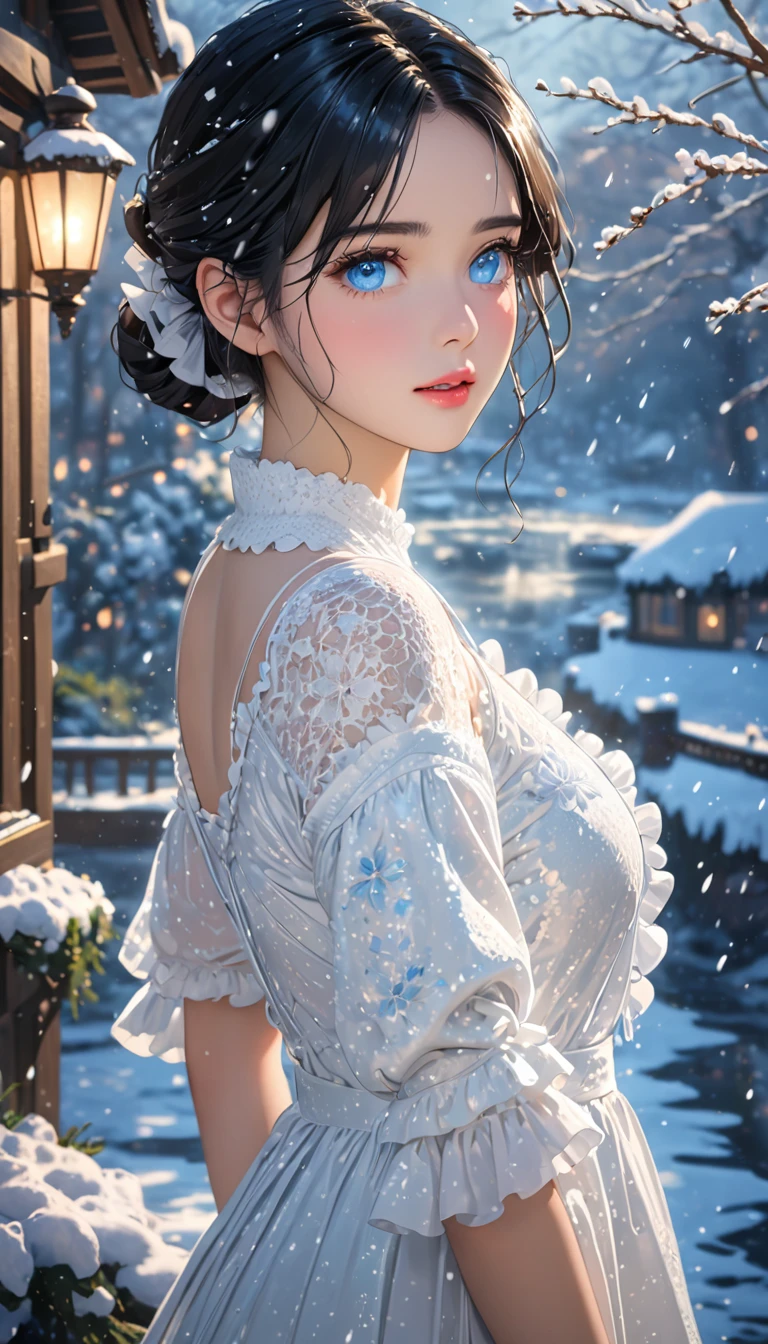 (((masterpiece))),best quality,illustration,4k wallpaper,movie lighting,absurd,1 girl,(snow,ice),in winter,blue eyes,detailed eyes,black hair,shiny hair,white dress,frills,lace,wet clothes,leave_Shoulder,hair tie,masterpiece,telephoto lens,absurd,Exquisite face,features,natural light,soft light,(Seven-part combination),epic,Dreamy and magical,mystery,