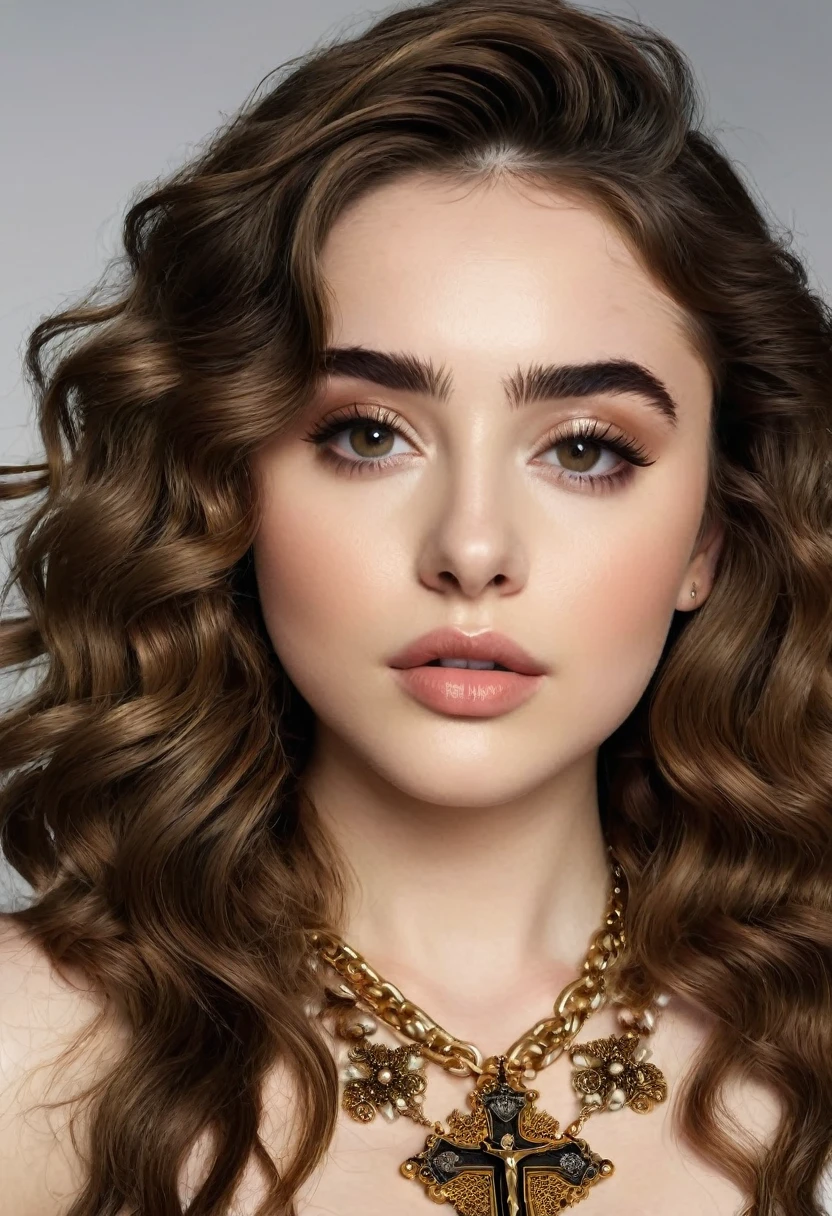 A beautful jewish women with a thick bushy unibrow and a large bulbous nose. Thick, intense, curly, frizzy, long brown hair. Hair that clogs a drain after one shower. Merge of Sabrina Carpenter, Hair you find on pillows and in corners of the room and in your refrigerator six months after the head from which it grew last visited. Hair that could not be straightened even if you had four hours and three hairdressers double-fisting blow driers. Hair that screams: Jew. Traditional jewish dress, luxurious long dress、hat. curvy hourglass figure. Ultra HD, the symmetrical face, photorealistic photography, path tracing, specular lighting, and volumetric face light enhance the details. Epic lighting, striking silhouette. crucifix necklace. The symmetrical face, photorealistic photography, path tracing, specular lighting, and volumetric face light enhance the details. The scene is captured in maximum quality, masterpiece, 8K high resolution, and top quality.