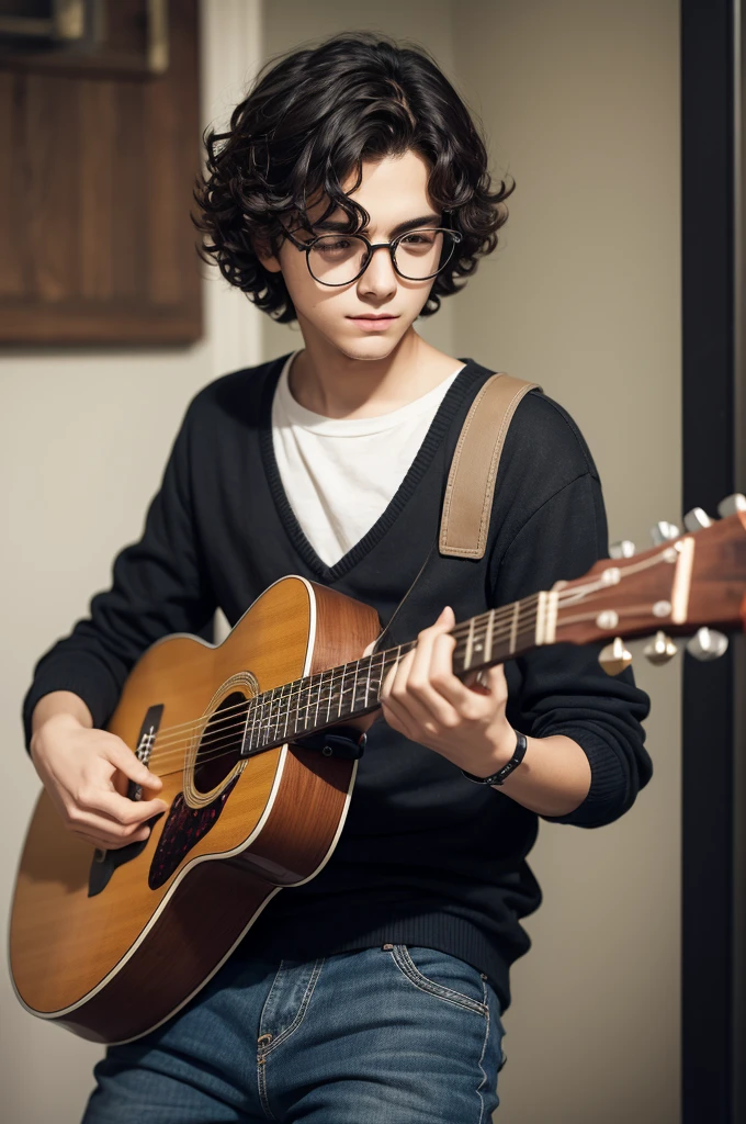 Boy dark curly hair glasses playing guitar 