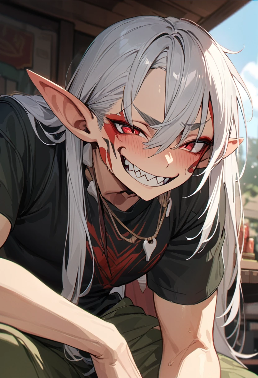 boy, white hair, long straight hair, red eyes, wild smile, sharp teeth, pointed ears, fair skin, black shirt, green cargo pants, red tribal tattoos, facial red tattoo, bone necklace., high quality, high details, 4K, anatomically correct