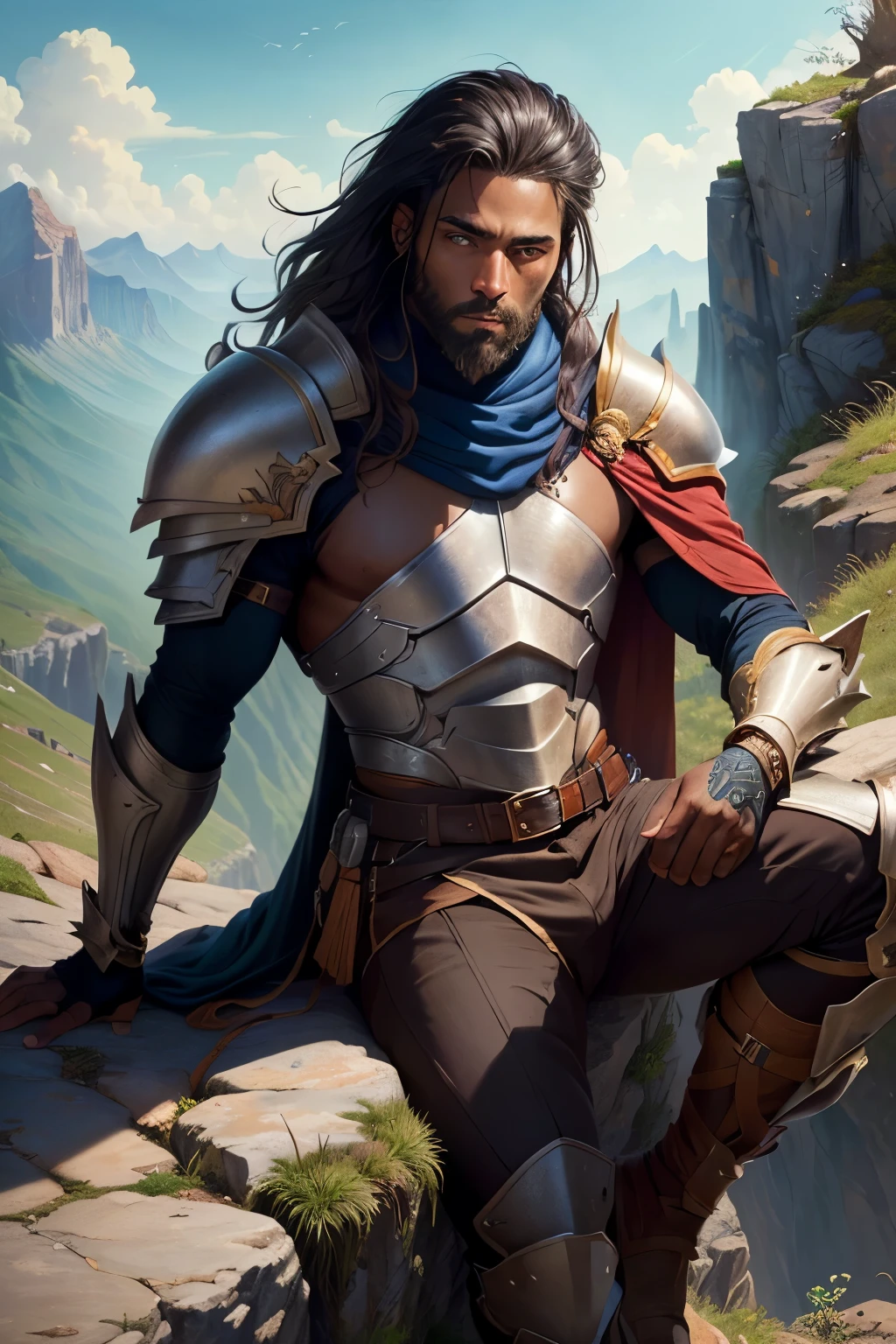 ((best quality)), ((masterpiece)), (detailed), Prize-winning works, with incredible details, maximum textures and details, uhd ,8k,super resolution ,depth of field, retina, masterpiece, 1 dark-skinned MALE RANGER on top of a mountain admiring and looking down at the valley below ,he is 55 years old, (((he has dark skin))). leather armor that blends in with the underbody and cape to become invisible, he wears leather armor ,messy hair ,he has dark skin ,big messy beard, he wears a cape,shoulder length hair ,sunny day ,detailed shadows 