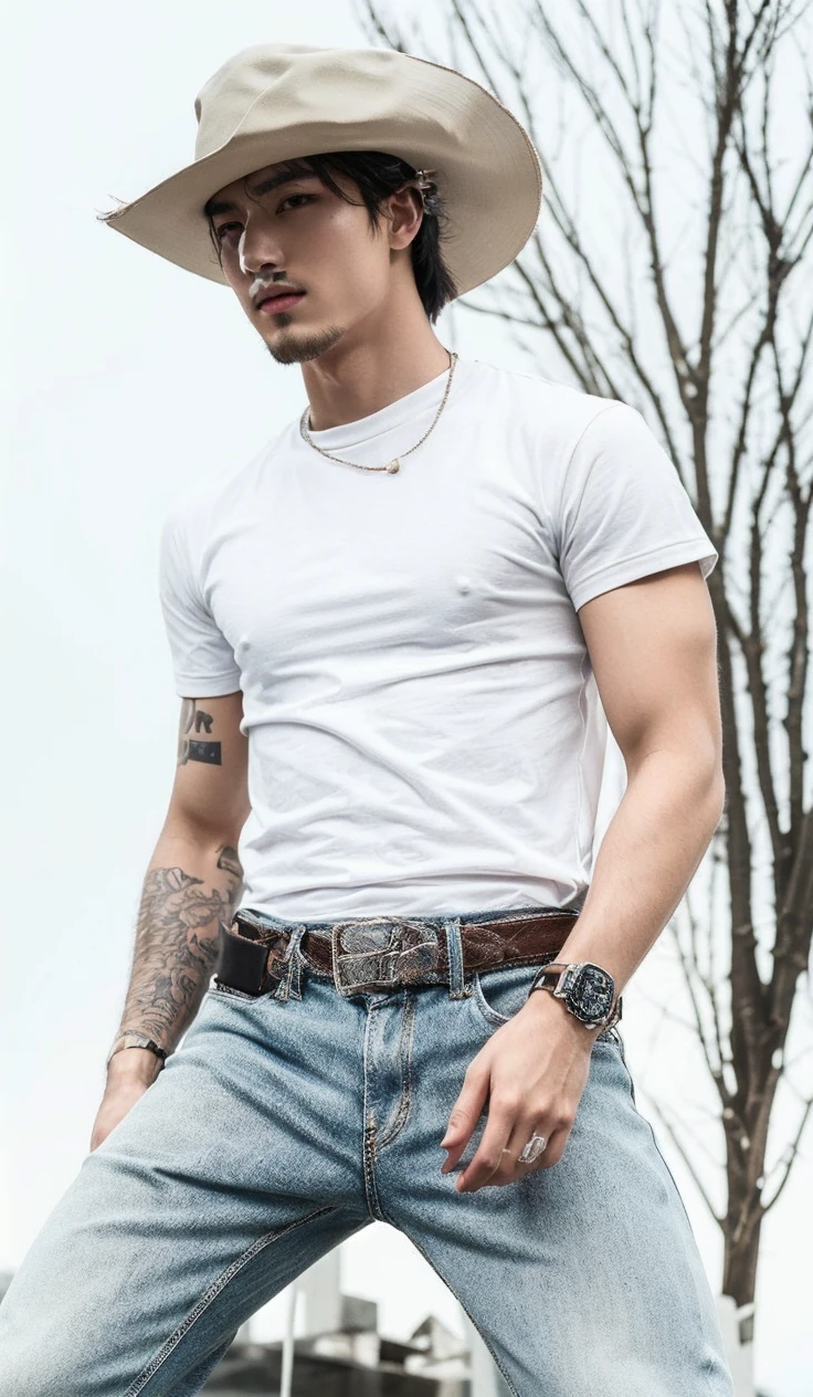 ((masterpiece)),((bestquality)),8k,high detailed,ultra-detailed,Realistic,professional photography,85mm lens,front view,halfbody shot,photograhpy,sharp focus,HD,8k,(simple background:1.4333),portrait,
1boy,(topless:1.47),solo,tall,thin,slim asian boy,handsome face,(real skin texture:1.334),1950s Hairstyles for Men,well-proportioned hands,black eyes,thick eyebrows,solid eyes,(((Stubble))),([Flood lighting|Low contrast lighting|top light|Butterfly lighting|LED lighting]),