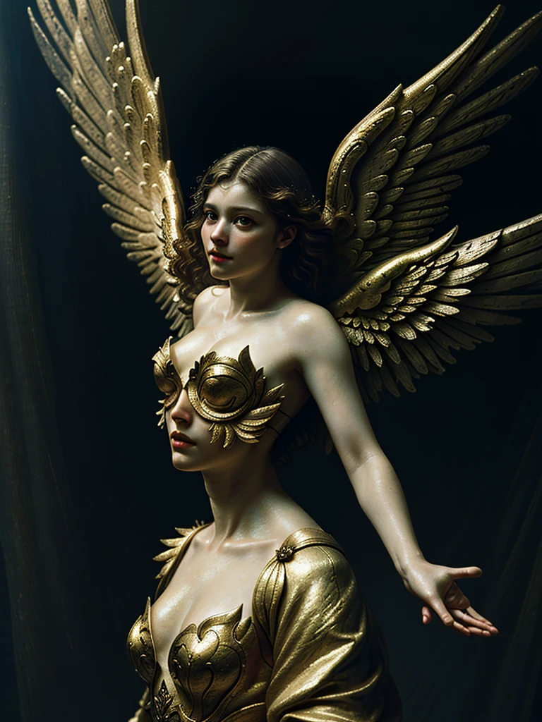 (Masterpiece:1.2), (Best Quality,:1.2), 8k, HDR, ultra detailed, ((photorealistic)), professional light, cinematic lighting, fashion photography, Ambient lighting, facial lighting, fantasy image, General detail, old renaissance painting of an angel with wings and arms outstretched