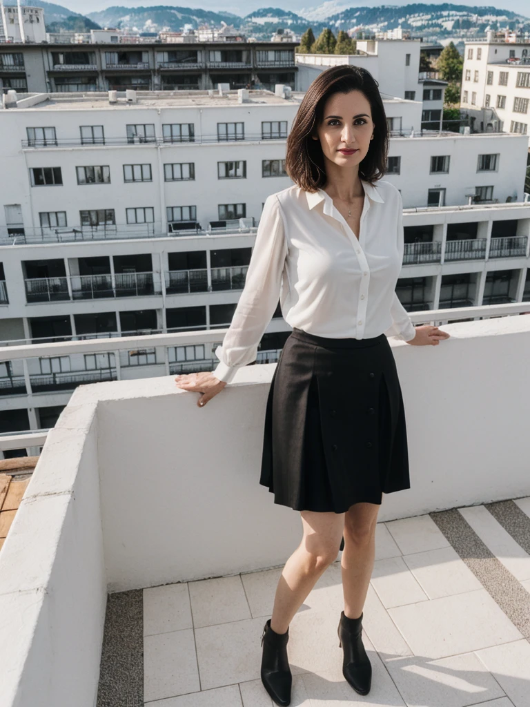 her name is Yasmin Fatima, high quality, ((mature)), ((white pale skin)), 1girl, ((30-year-old fit Swiss woman)), ((30 years old)), ((fit)), ((brunette)), pose: standing, wearing stylish (((black blouse and skirt))), ((BACKGROUND: rooftop in America)), random pose, cranky hair