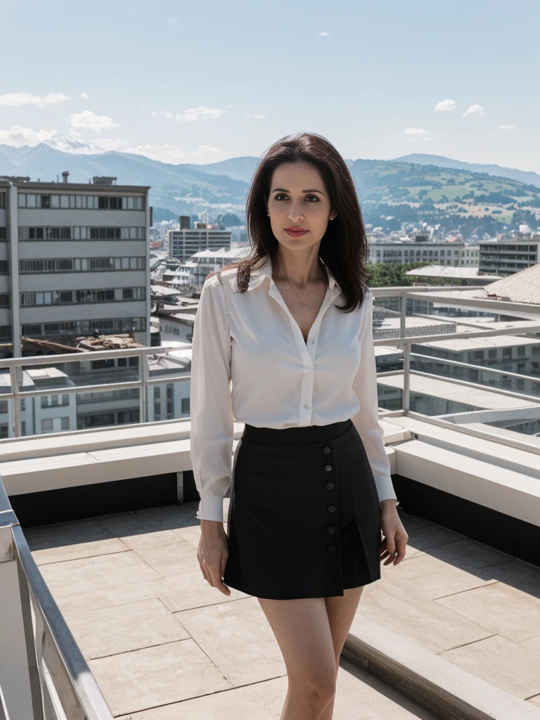 her name is Yasmin Fatima, high quality, ((mature)), ((white pale skin)), 1girl, ((30-year-old fit Swiss woman)), ((30 years old)), ((fit)), ((brunette)), pose: standing, wearing stylish (((black blouse and skirt))), ((BACKGROUND: rooftop in America)), random pose, cranky hair