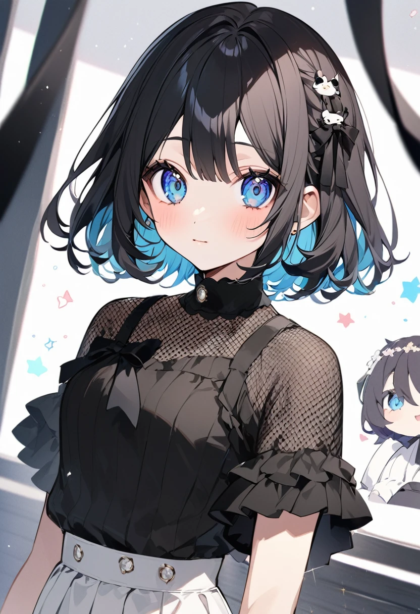 The person in the image is、The person appears to be a VTuber, an online content creator who uses virtual avatars.。clothingを含めた特徴は以下の通り： hair：前hairのある短い銀hair。Short bob with black ribbons on both sides。eye：With big blue eyes、A gentle expression with a slightly closed face。clothing：Black short-sleeved sweater。Background White background： A cute and elegant VTuber with a short bob hairstyle。
1 person