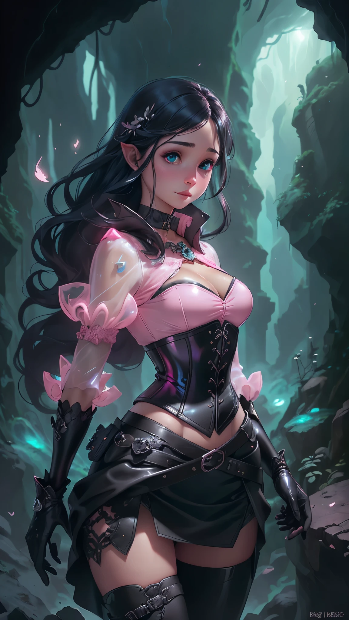  Masterpiece, Superior image quality, high resolution, 4k image,photo and gross, photorealistic, (whole body:1.4) , distant view, ung man of 15 years, {{{vagina}}}, ,(Fondo de ruinas de mazmorra en ruinas cueva caverna :1.4 ), beautiful face, long black hair, black eyes, very detailed eyes, (pink cheeks:1.4) , serious expression, choker:1.6, (white collar button down long sleeve shirt), (black gloves:1.4) , gloves that cover hands, (holding a light crossbow in the right hand), (black leather corset), (shiny black miniskirt:1.4) ), Sensual Lips, show details in the eyes, View from the front, looking at the viewer, dark forest path, evening, Atmosphere, fog, Epic Fantasy Art Style HD, 4K fantasy art, epic fantasy digital art style, epic fantasy art style, Fantasy Woman, epic fantasy art portrait, Epic fantasy style, hyperrealistic fantasy art, hd fantasy art, Epic fantasy character art, epic fantasy art, in style of dark fantasy art, epic fantasy digital art,( iluminación cinematográfica :1.4), (anatomía perfecta :1.4)), (Bio-Translucent Slime Infused bosque árboles grandes :1.4), (fondo caverna de piedras de cuarzo gigantes :1.4), (colores brillantes neón fosforescentes), (fondo hongos grandes neón :1.4) 
