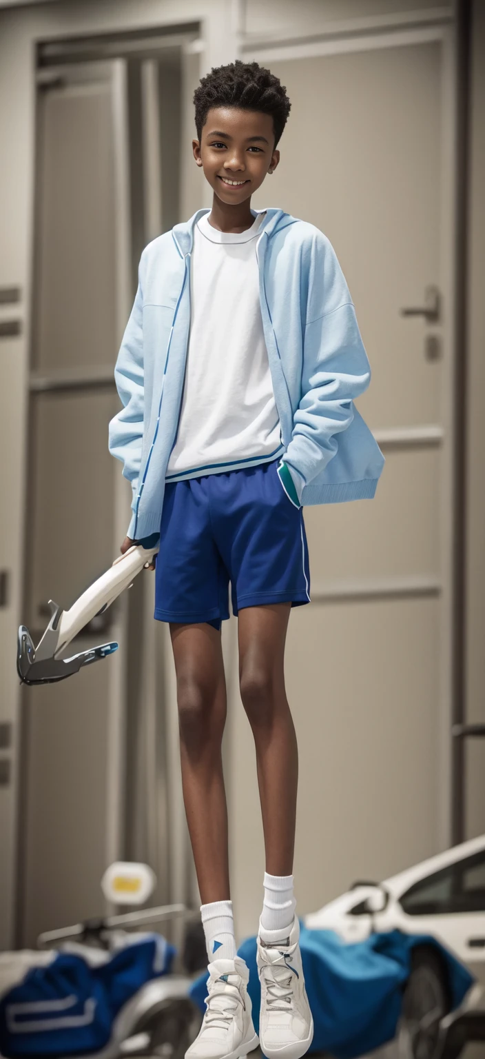 14 year old boy，（Wearing white tennis clothes，Wearing green socks），Dark skin，Big round eyes，Very short hair，Tall and skinny，Toothy Smile，Sharpen details，Knee muscle lines，Blue Background，Axe in hand，Bloodthirst，Murderous maniacs