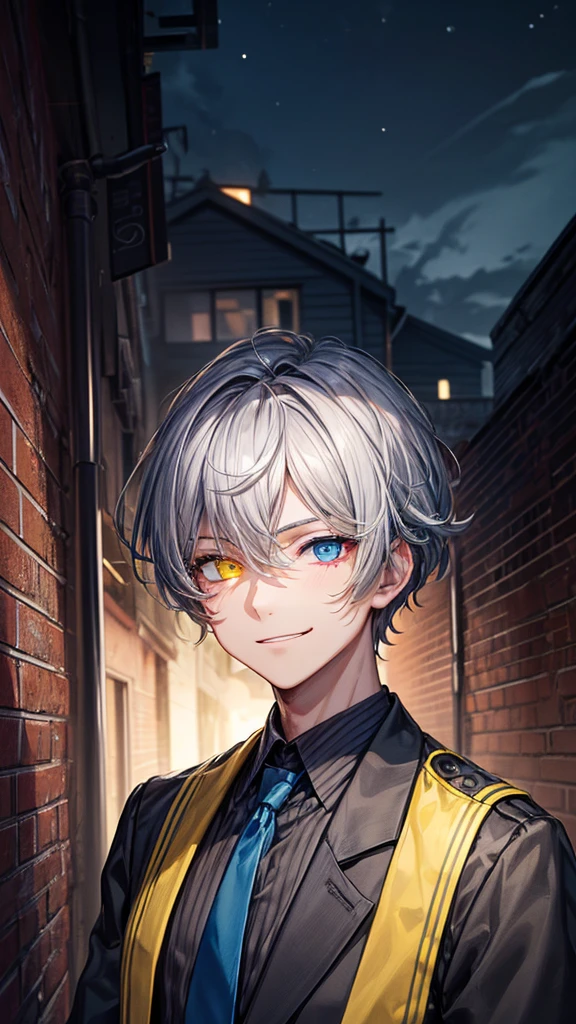 (masterpiece), best quality, high quality, dynamic light, 1boy, upper body, solo,  , (blue tie), (heterochromia), (blue left eye, yellow right eye:1.1), smug face, smirk, (glowing yellow eye), (hairstyle: straight), gray hair, middle hair, (hair covers the eye:1.2), night sky, dark alley, horror, brick wall behind