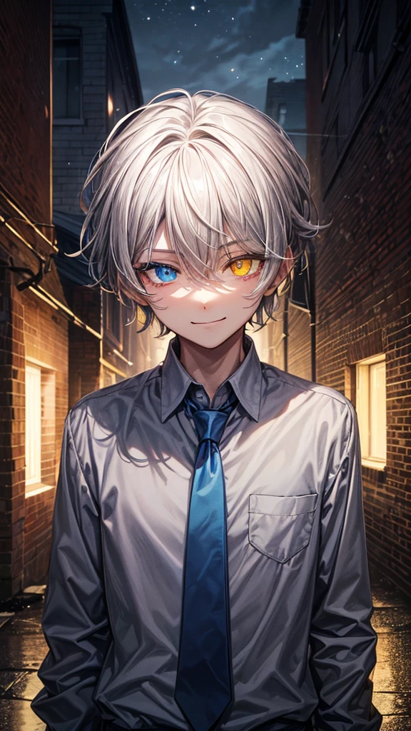 (masterpiece), best quality, high quality, dynamic light, 1boy, upper body, solo,  , (blue tie), (heterochromia), (blue left eye, yellow right eye:1.1), smug face, smirk, (glowing yellow eye), (hairstyle: straight), gray hair, middle hair, (hair covers the eye:1.2), night sky, dark alley, horror, brick wall behind