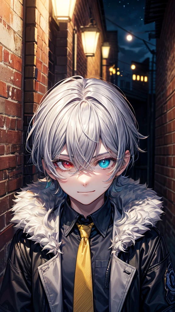 (masterpiece), best quality, high quality, dynamic light, 1boy, upper body, solo, , (blue tie), (heterochromia), (blue left eye, yellow right eye:1.1), smug face, smirk, (glowing yellow eye), (hairstyle: straight), gray hair, middle hair, (hair covers the eye:1.2), night sky, dark alley, horror, brick wall behind