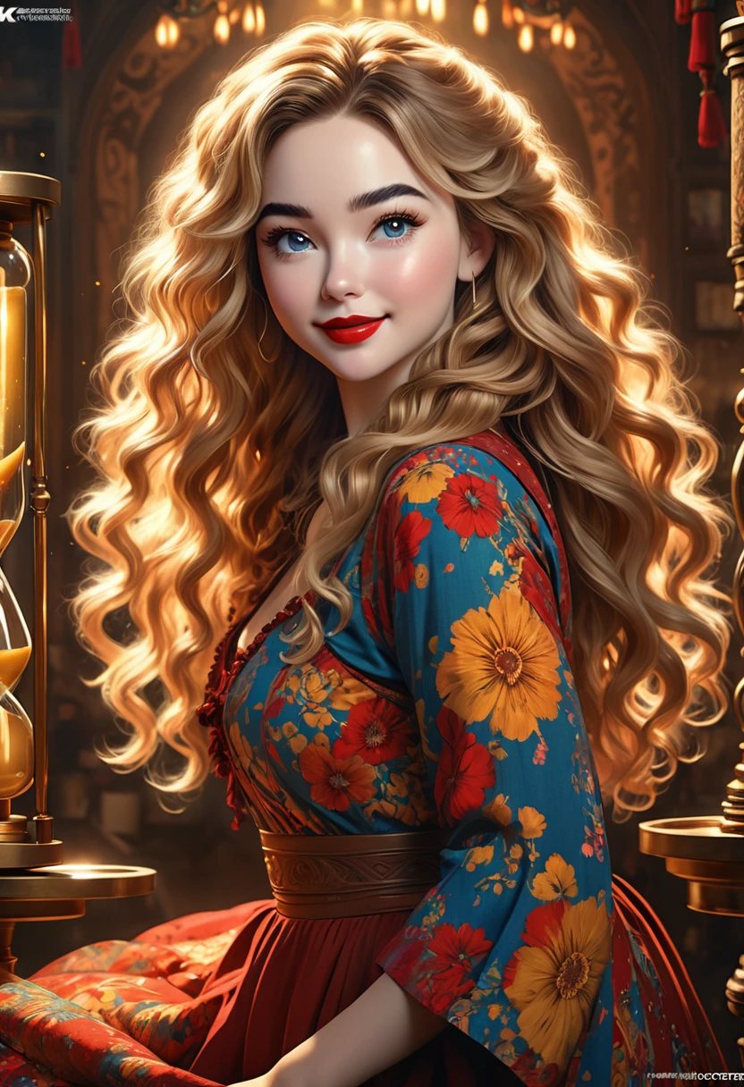 A Beautful Jewish Women With A Thick Bushy Unibrow And A Attractive Nose. Thick, Intense, Curly, Frizzy, Messy Long Golden Hair. Boho Dress. Curvy Hourglass Figure. Ultra HD,, Epic Lighting, Striking Silhouette. Sabrina Carpenter. Attractive Pose. Aluring Smile. Red Lips. The Official Art – An Award-Winning Digital Masterpiece In 4K Ultra HD, Extreme Detail And Intricate Realism. This Concept Art Brought To Life By The Hands Of Artists Like Wlop & Artgerm In A Stunning 2D Vector Illustration.