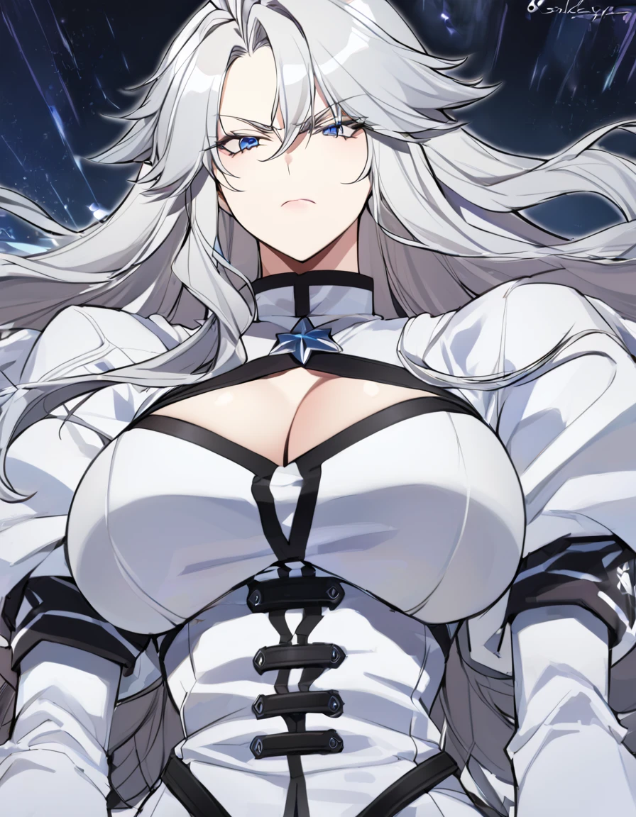 Anime, 1 girl, solo, kimtag, Sovetsky Soyuz, Sovetsky Soyuz's hairstyle, white hairstyle, busty, firm chunky body, white military's uniform, large heavy mechanical arms, BLUE eyes, serious