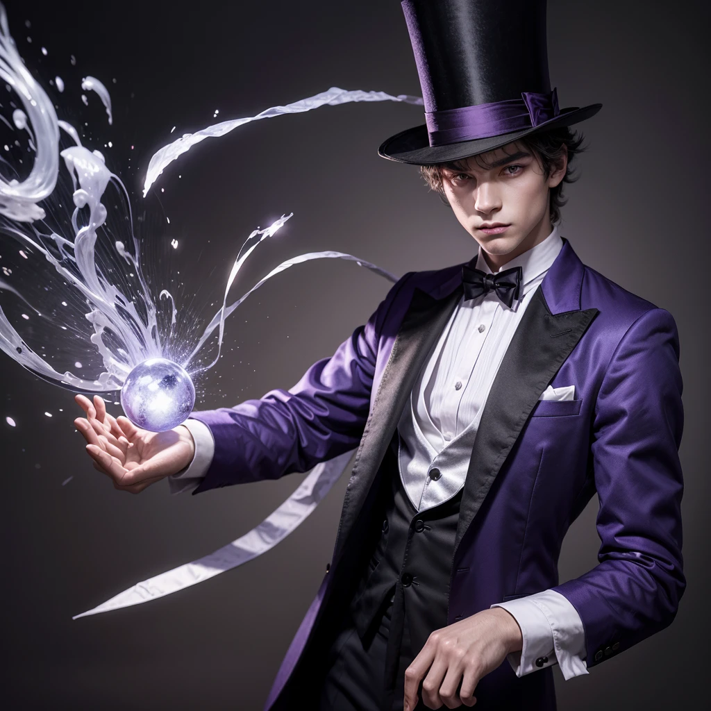 1 magic man, with a big magic top hat, Caucasian skin, purples eyes, in magician&#39;s clothes, stylish, use cards, is in court, has very few cat features in its hat