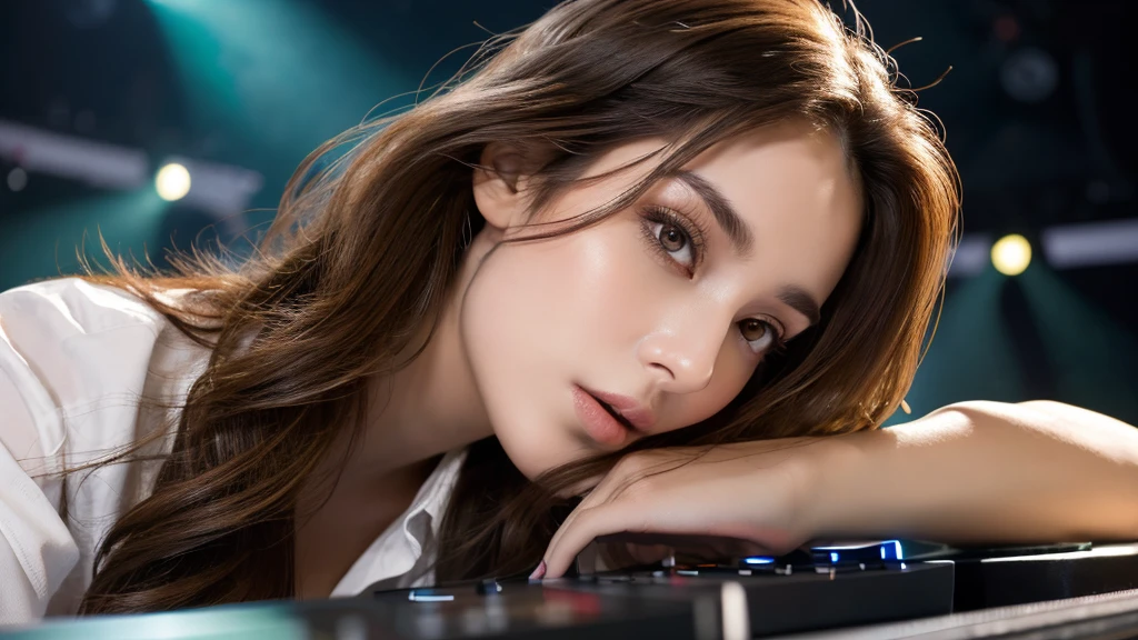 details （best quality, high resolution, overall artwork: 1.3, tall and beautiful woman, front view, long dark brown hair with loose waves, big breasts, white collared shirt V shape, dark alley, beautiful facial texture and skin, seductive eyes, seductive eyes, double eyelids. dj table, dj player, stage, lighting, vibrant color scheme