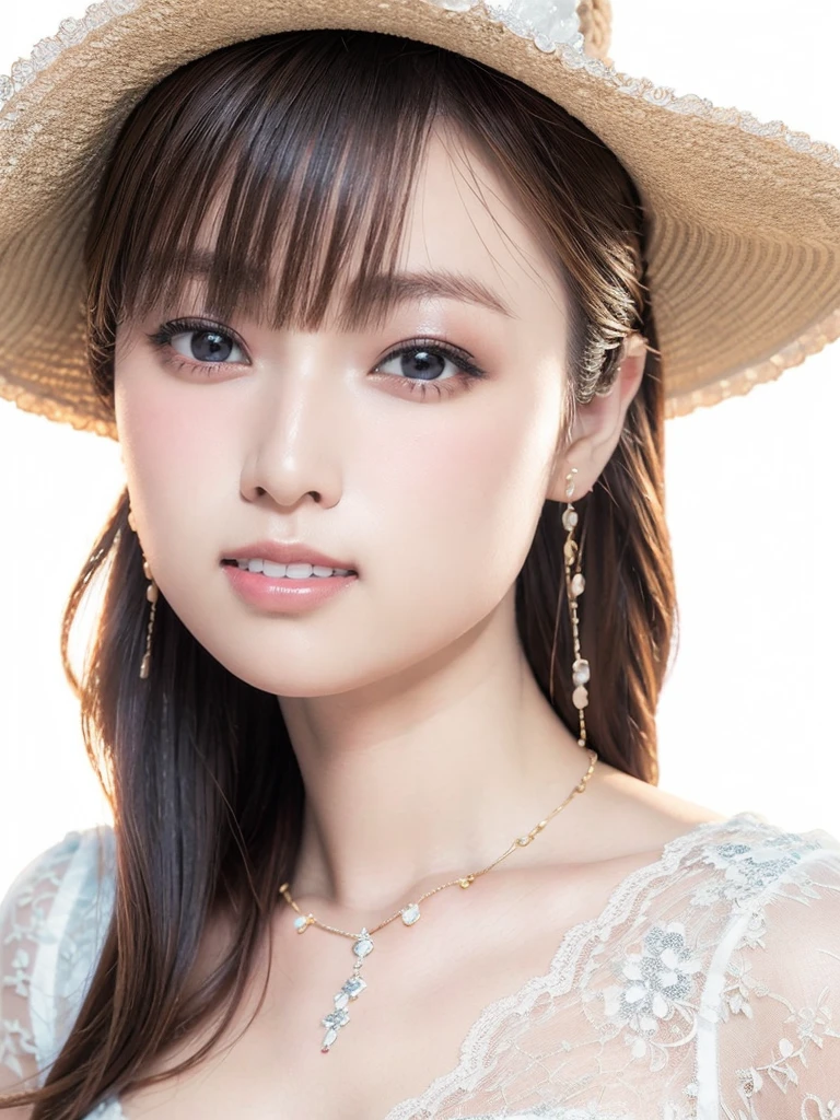 White Background、Professional Lighting、(((Professional Lighting 1.5)))、Translucent skin texture、Beautiful Skin、Beautiful Skin、、(((Whitening 1.5)))、、、音符のEcstasy、((White lace dress 1.5))、、Mid-shot photo、Simple earrings and necklace、((tea hair))、Tie your hair up、sex appeal、Sex Appeal、Ecstasy、(((1.5))、