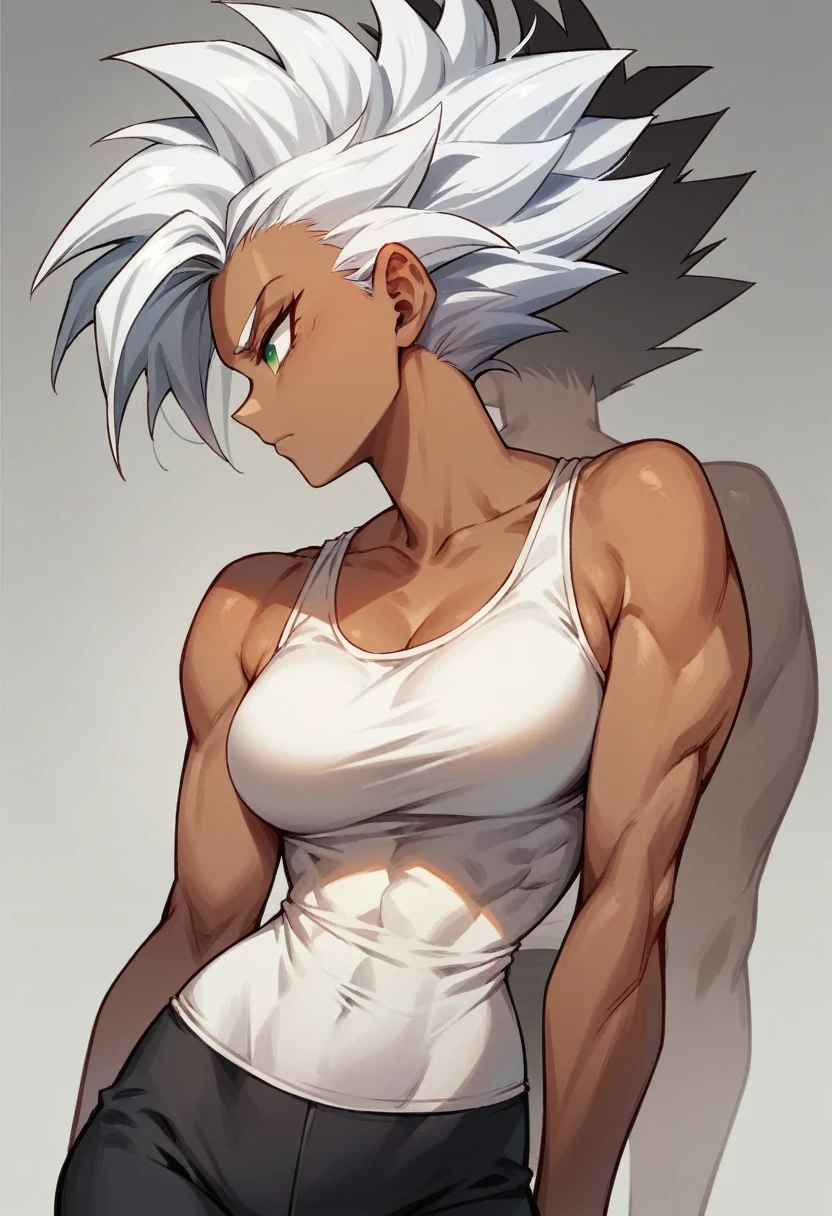 a girl, Saiyan, white hair, green eyes,slim, thin waist, wide hips, brown skin color, medium breasts, white tank top , black pants, tight clothes,profile picture