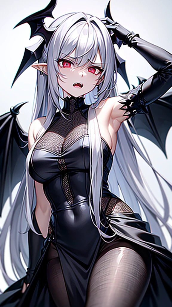 masterpiece, high quality, 4K, HDR, A battle-ready demon with a disgruntled expression, open mouth revealing sharp, jagged fangs, narrowed eyes, and crimson irises. Pale skin, silver hair with neatly trimmed bangs in an intake hairstyle, long locks. A black halo hovers above the head, with a pair of large, spread black wings and pointed ears. Dressed in a gothic style.
